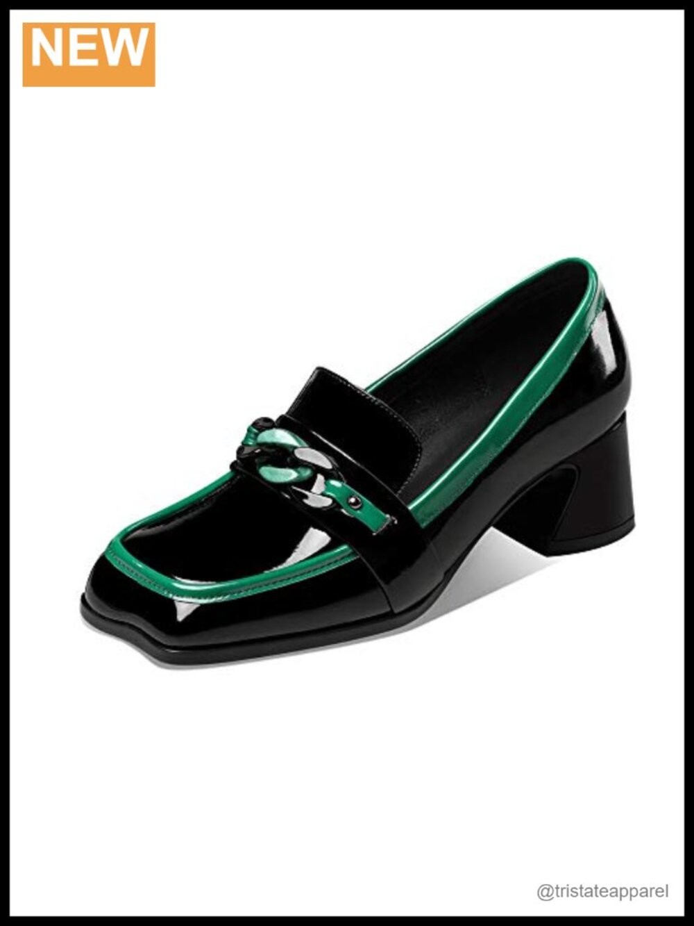 Patent Leather Square Toe Chunky Heel Chain Slip-On Loafers